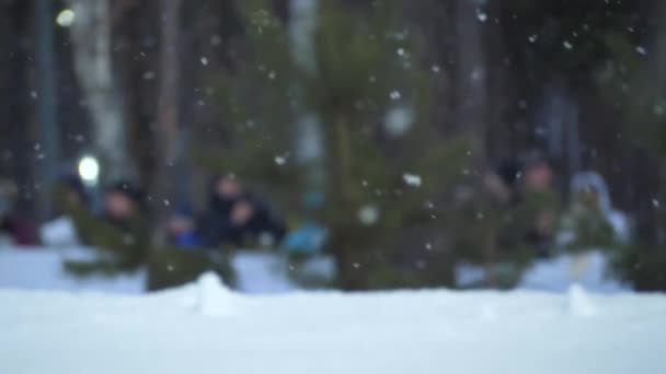 Running biathlon athletes in defocus on background of falling snow Slow motion — Stock Video