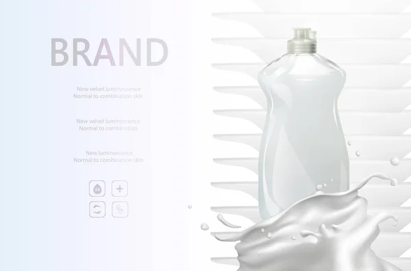 Detergent promo on background with stack of clean washed dishes. Washing fluid vector ads , bottle wash liquid cleanser.