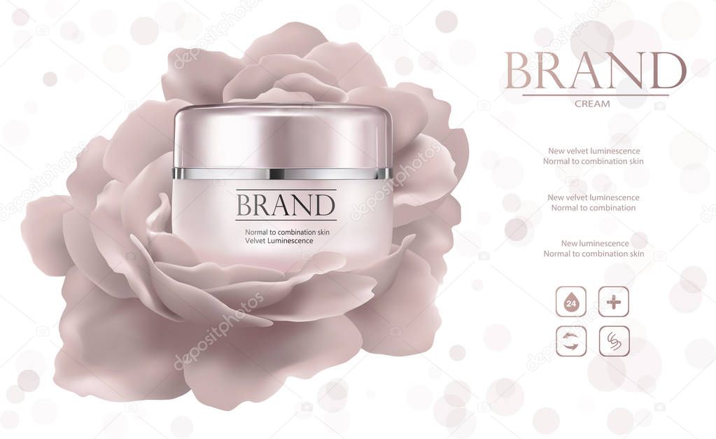 Moisturizing cosmetic products ad, light bokeh background with beautiful containers and watery texture in 3d illustration