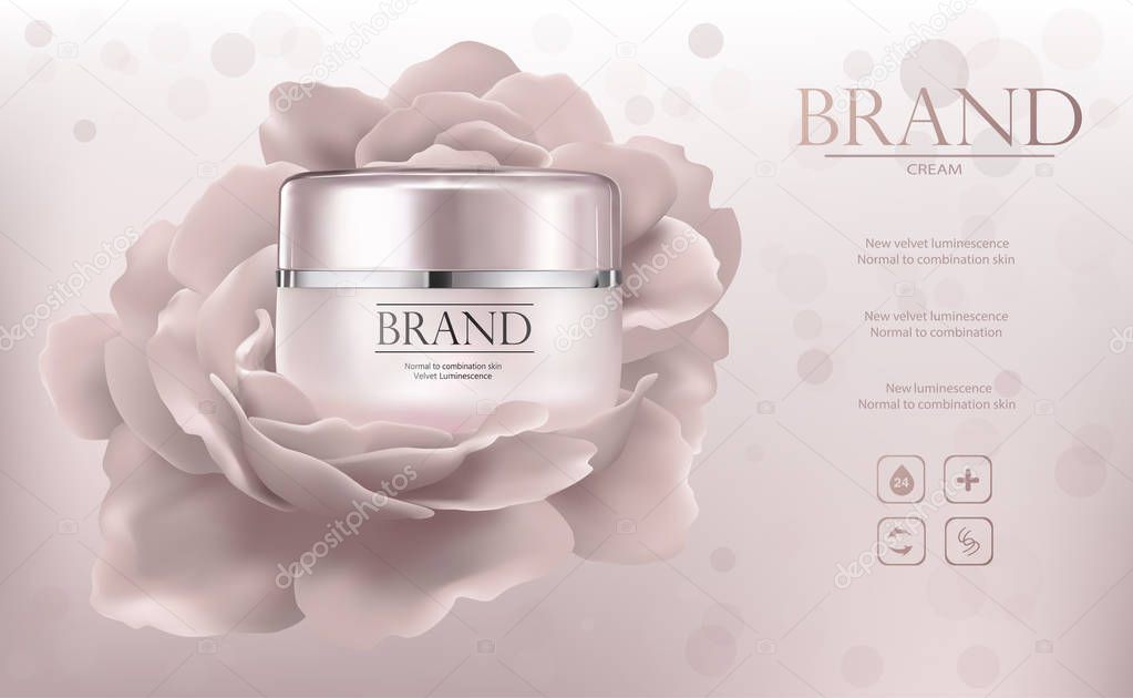 Vector promo ads sample with creme jar and flower 3d illustration