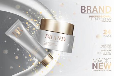 Medikal kozmetik krem paket kümesi. Beyaz kapları altın kapaklar ve glitter ile. Makyaj kutusu reklamlar 3d çizim tasarım