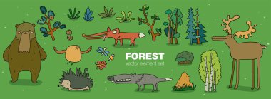 Çizgi film orman hayvan karakterleri koleksiyonu. El düz vektör çizim boğulmak. Kuş, kirpi, kurt, tilki, kunduz, ayı, geyik ile huş ağaçları ve tesisleri