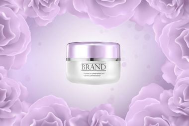 Kozmetik ürünleri reklam, vektör promo örnek krem kavanoz ve çiçek 3d çizim ile nemlendirici