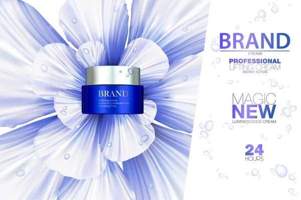 Publicité crème premium. Annonces cosmétiques gracieuses bleues, crème hydratante pour le visage. Illustration 3D . — Image vectorielle