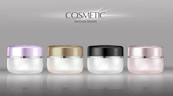 Conjunto de paquetes de crema cosmética, atractivos recipientes en blanco con tapas de colores. Ilustración 3d para promoción de maquillaje — Vector de stock