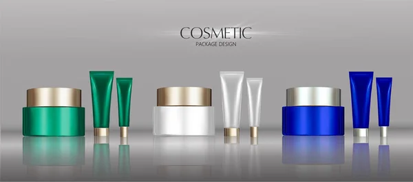 Conjunto de paquetes de crema cosmética, atractivos recipientes en blanco con tapas de colores. Ilustración 3d para promoción de maquillaje — Vector de stock