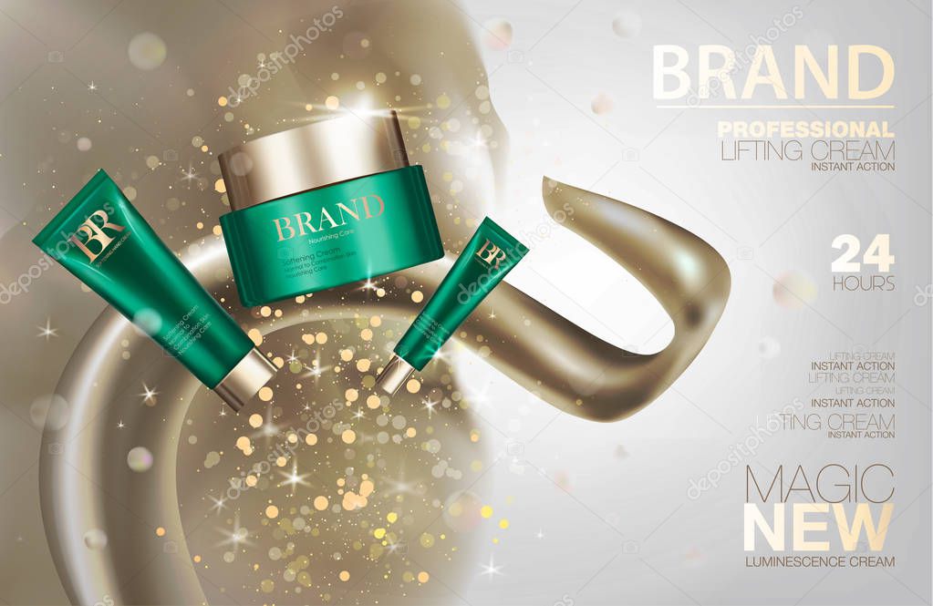 Cosmetic cream package set ads. Green containers with golden caps and glitter. Makeup box in 3d illustration design