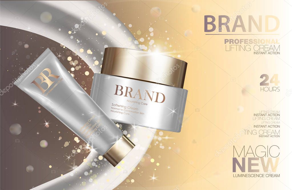 Moisturizing cosmetic products ad, golden background with beautiful containers. 3d illustration.