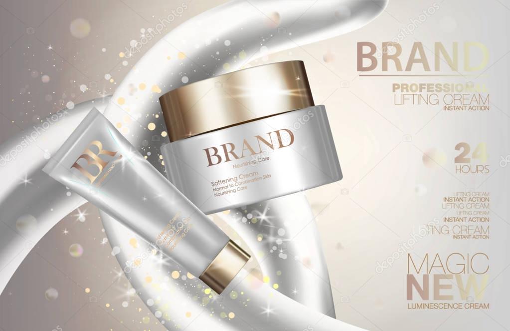 Medical cosmetic cream package set. White containers with golden caps and glitter. Makeup box ads 3d illustration design
