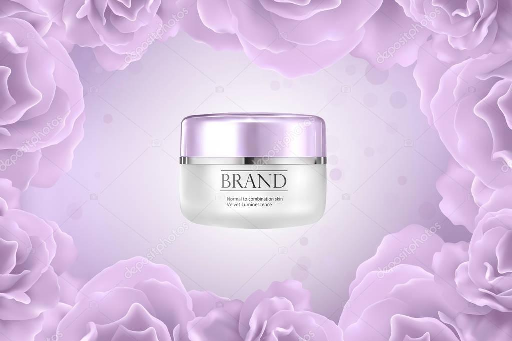 Moisturizing cosmetic products ad,vector promo sample with creme jar and flower 3d illustration