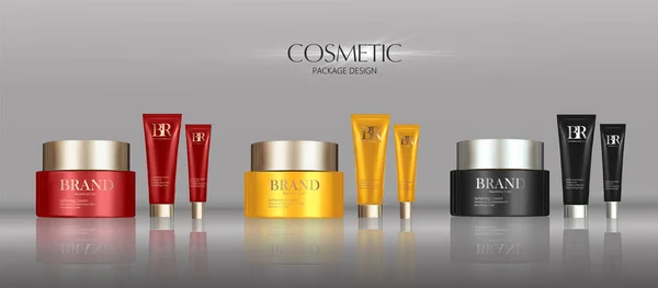 Conjunto de paquetes de crema cosmética, atractivos recipientes en blanco con tapas de colores. Ilustración 3d para promoción de maquillaje . — Vector de stock