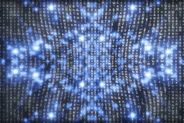 Mavi matris dijital arka plan. Soyut siber uzay kavramı. Karakterler düşer. Semboller akışından matris. Sanal gerçeklik tasarımı. Karmaşık algoritma veri hackleme. Cyan dijital kıvılcımlar.