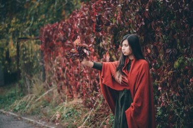 Hipnotize edilmiş, uzun doğal siyah saçlı, sonbahar arka planında yeşil üzüm çiti olan bir kız. Kırmızı şallı, yeşil ceketli, üzüm buketli, büyülenmiş bir kız. Soluk tonlarda kadın duygusal portresi.