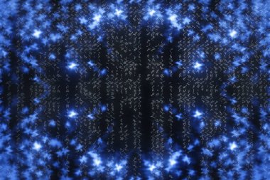 Mavi matris dijital arka plan. Soyut siber uzay kavramı. Karakterler düşer. Semboller akışından matris. Sanal gerçeklik tasarımı. Karmaşık algoritma veri hackleme. Cyan dijital kıvılcımlar.