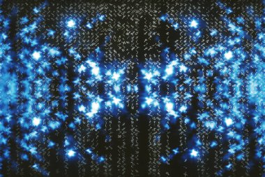 Mavi matris dijital arka plan. Soyut siber uzay kavramı. Karakterler düşer. Semboller akışından matris. Sanal gerçeklik tasarımı. Karmaşık algoritma veri hackleme. Cyan dijital kıvılcımlar.