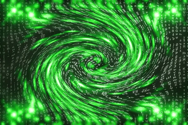 Green matrix digital background. Distorted cyberspace concept. Characters fall down in wormhole. Hacked matrix. Virtual reality design. Complex algorithm data hacking. Green digital sparks.