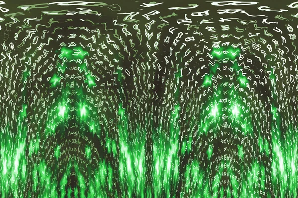 Green matrix digital background. Distorted cyberspace concept. Characters fall down. Matrix from symbols stream. Virtual reality design. Complex algorithm data hacking. Green digital sparks.