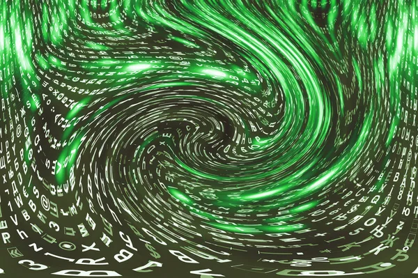 Green matrix digital background. Distorted cyberspace concept. Characters fall down in wormhole. Hacked matrix. Virtual reality design. Complex algorithm data hacking. Green digital sparks.