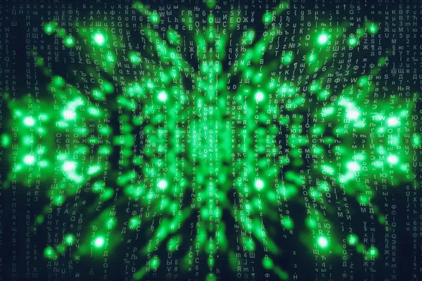 Green blue matrix digital background. Abstract cyberspace concept. Characters fall down. Matrix from symbols stream. Virtual reality design. Complex algorithm data hacking. Green digital sparks.