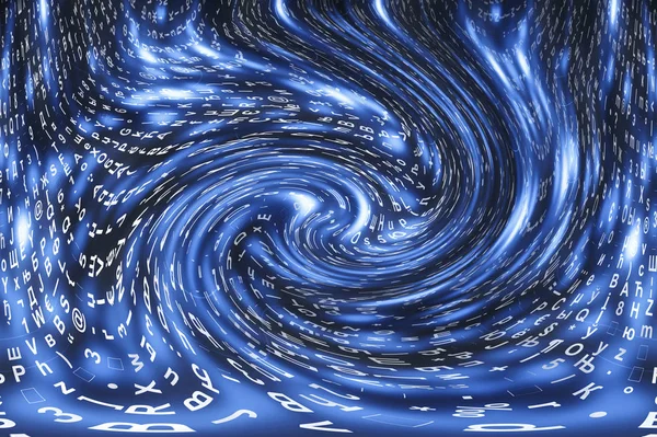 Синій Матричний Цифровий Фон Концепція Кіберпростору Персонажі Падають Червоточину Зламана — стокове фото