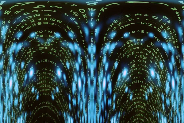 Синьо Зелена Матриця Цифровий Фон Концепція Кіберпростору Зелені Символи Падають — стокове фото