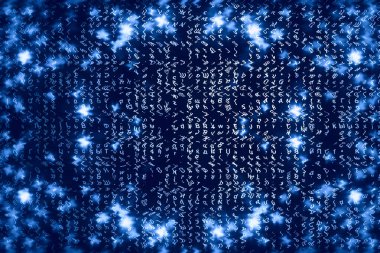 Mavi matris dijital arka plan. Soyut siber uzay kavramı. Karakterler düşer. Semboller akışından matris. Sanal gerçeklik tasarımı. Karmaşık algoritma veri hackleme. Cyan dijital kıvılcımlar.