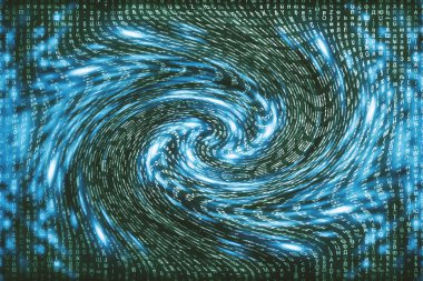 Mavi matris dijital arka plan. Çarpık siber uzay konsepti. Karakterler solucan deliğine düşer. Hacklenmiş matris. Sanal gerçeklik tasarımı. Karmaşık algoritma veri hackleme. Cyan dijital kıvılcımlar.