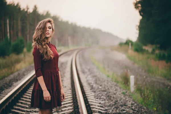 Beautiful Girl Curly Natural Hair Enjoy Nature Forest Railway Dreamer — 스톡 사진