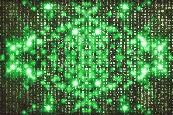 緑のマトリックスデジタル背景 抽象的なサイバースペースの概念 文字が落ちる シンボル ストリームからの行列 バーチャルリアリティデザイン 複雑なアルゴリズムデータハッキング グリーンデジタルスパーク — ストック写真
