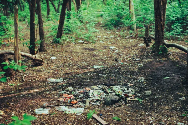 Мусорная Куча Лесу Среди Растений Токсичный Пластик Природе Повсюду Мусорная — стоковое фото