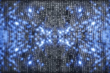 Mavi matris dijital arka plan. Soyut siber uzay kavramı. Karakterler düşer. Semboller akışından matris. Sanal gerçeklik tasarımı. Karmaşık algoritma veri hackleme. Cyan dijital kıvılcımlar.