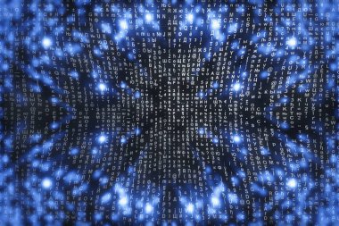 Mavi matris dijital arka plan. Soyut siber uzay kavramı. Karakterler düşer. Semboller akışından matris. Sanal gerçeklik tasarımı. Karmaşık algoritma veri hackleme. Cyan dijital kıvılcımlar.