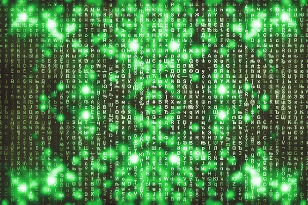 Green matrix digital background. Abstract cyberspace concept. Characters fall down. Matrix from symbols stream. Virtual reality design. Complex algorithm data hacking. Green digital sparks.