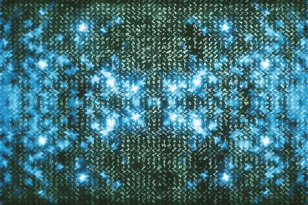 Blue matrix digital background. Abstract cyberspace concept. Characters fall down. Matrix from symbols stream. Virtual reality design. Complex algorithm data hacking. Cyan digital sparks.