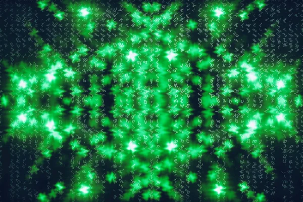 Green blue matrix digital background. Abstract cyberspace concept. Characters fall down. Matrix from symbols stream. Virtual reality design. Complex algorithm data hacking. Green digital sparks.