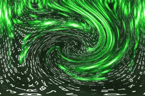 Зелений Матричний Цифровий Фон Концепція Кіберпростору Персонажі Падають Червоточину Зламана — стокове фото
