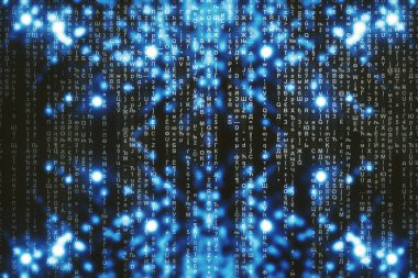 Mavi matris dijital arka plan. Soyut siber uzay kavramı. Karakterler düşer. Semboller akışından matris. Sanal gerçeklik tasarımı. Karmaşık algoritma veri hackleme. Cyan dijital kıvılcımlar.