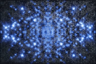 Mavi matris dijital arka plan. Soyut siber uzay kavramı. Karakterler düşer. Semboller akışından matris. Sanal gerçeklik tasarımı. Karmaşık algoritma veri hackleme. Cyan dijital kıvılcımlar.