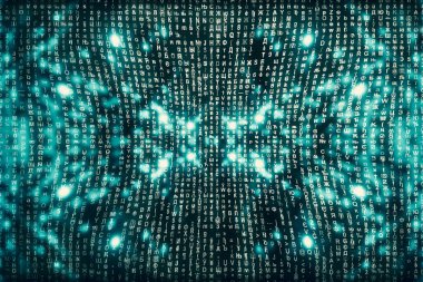 Mavi matris dijital arka plan. Soyut siber uzay kavramı. Karakterler düşer. Semboller akışından matris. Sanal gerçeklik tasarımı. Karmaşık algoritma veri hackleme. Cyan dijital kıvılcımlar.