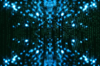Mavi yeşil matris dijital arka plan. Soyut siber uzay kavramı. Yeşil karakterler düşer. Semboller akışından matris. Sanal gerçeklik tasarımı. Karmaşık algoritma veri hackleme. Cyan dijital kıvılcımlar.