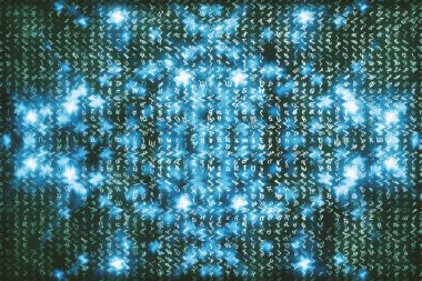 Mavi matris dijital arka plan. Soyut siber uzay kavramı. Karakterler düşer. Semboller akışından matris. Sanal gerçeklik tasarımı. Karmaşık algoritma veri hackleme. Cyan dijital kıvılcımlar.