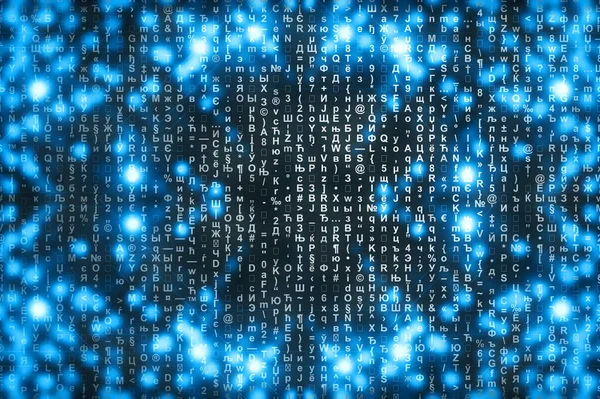 蓝色矩阵数字背景 抽象网络空间概念 字符掉落 来自符号流的矩阵 虚拟现实设计 复杂的算法数据黑客 青色数字火花 — 图库照片