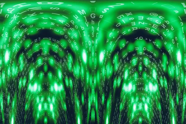 緑の青いマトリックスデジタル背景 歪んだサイバースペースの概念 文字が落ちる シンボル ストリームからの行列 バーチャルリアリティデザイン 複雑なアルゴリズムデータハッキング グリーンデジタルスパーク — ストック写真