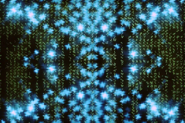 Blue green matrix digital background. Abstract cyberspace concept. Green characters fall down. Matrix from symbols stream. Virtual reality design. Complex algorithm data hacking. Cyan digital sparks.