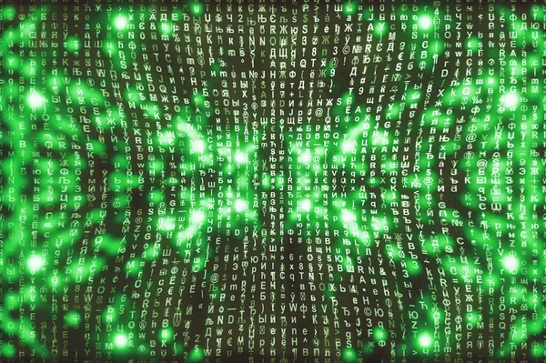 Green matrix digital background. Abstract cyberspace concept. Characters fall down. Matrix from symbols stream. Virtual reality design. Complex algorithm data hacking. Green digital sparks.