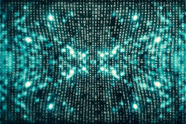 Mavi matris dijital arka plan. Soyut siber uzay kavramı. Karakterler düşer. Semboller akışından matris. Sanal gerçeklik tasarımı. Karmaşık algoritma veri hackleme. Cyan dijital kıvılcımlar.