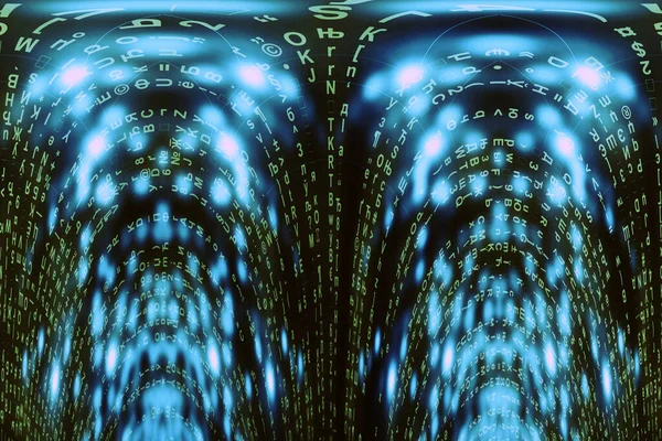 Blue green matrix digital background. Distorted cyberspace concept. Green characters fall down. Matrix from symbols stream. Virtual reality design. Complex algorithm data hacking. Cyan digital sparks.