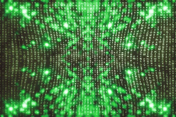 Green matrix digital background. Abstract cyberspace concept. Characters fall down. Matrix from symbols stream. Virtual reality design. Complex algorithm data hacking. Green digital sparks.