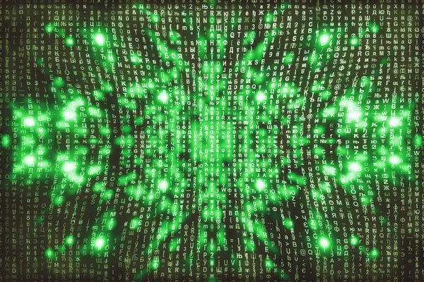 Green matrix digital background. Abstract cyberspace concept. Characters fall down. Matrix from symbols stream. Virtual reality design. Complex algorithm data hacking. Green digital sparks.