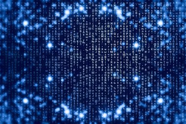 Mavi matris dijital arka plan. Soyut siber uzay kavramı. Karakterler düşer. Semboller akışından matris. Sanal gerçeklik tasarımı. Karmaşık algoritma veri hackleme. Cyan dijital kıvılcımlar.